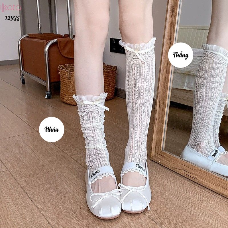 Ống tất nơ lolita,vớ ống chân vải ren ruy băng 12935