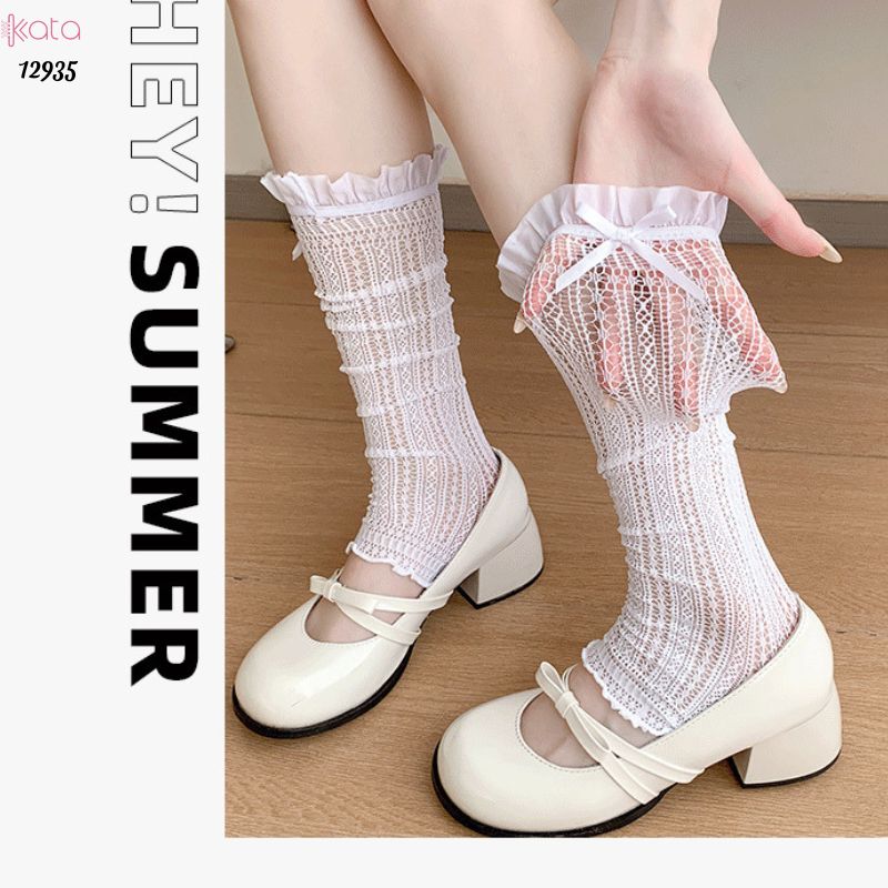Ống tất nơ lolita,vớ ống chân vải ren ruy băng 12935