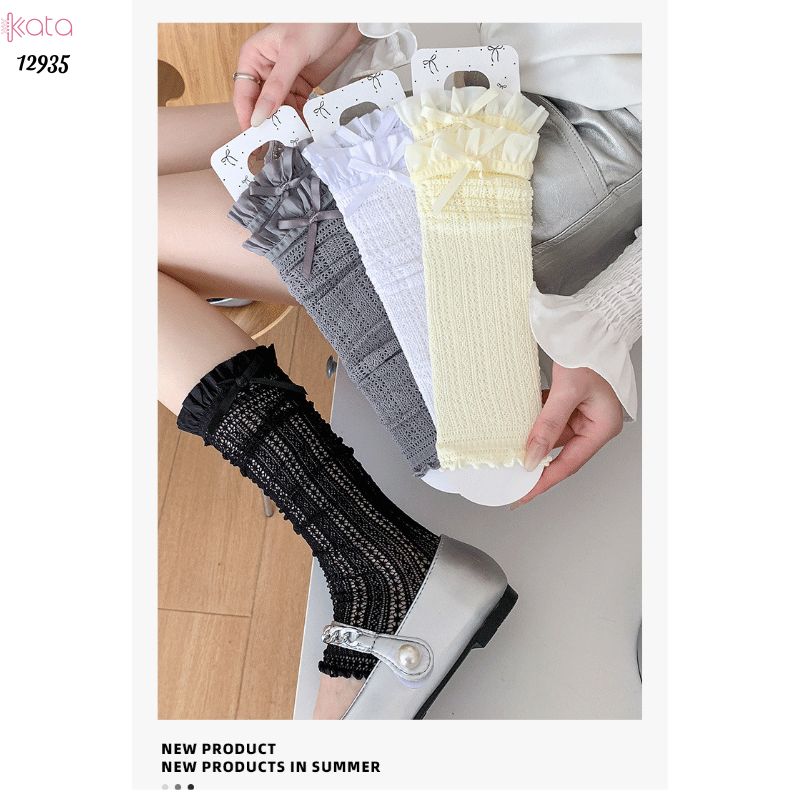 Ống tất nơ lolita,vớ ống chân vải ren ruy băng 12935
