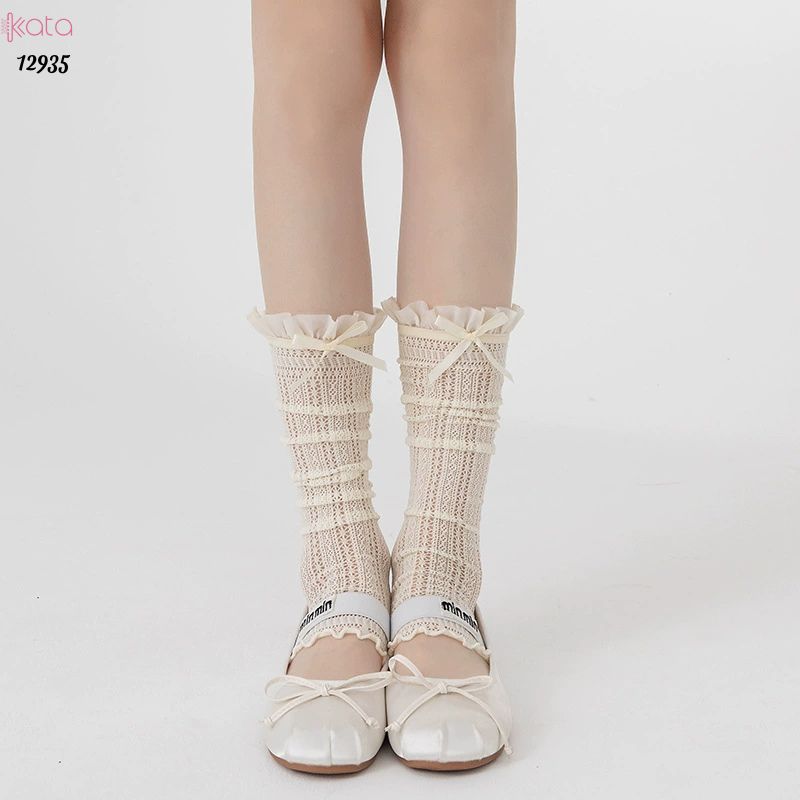 Ống tất nơ lolita,vớ ống chân vải ren ruy băng 12935