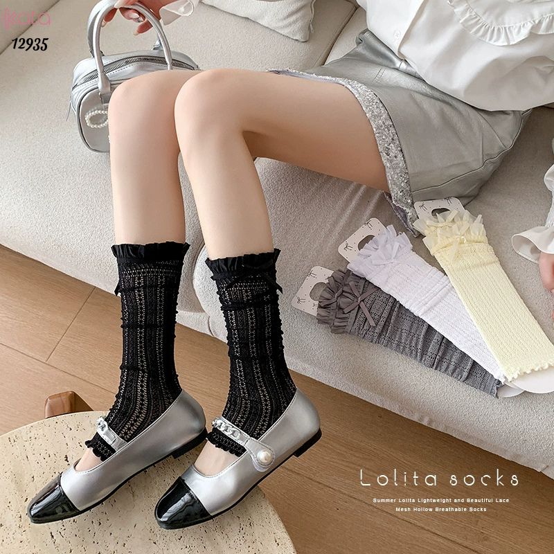 Ống tất nơ lolita,vớ ống chân vải ren ruy băng 12935