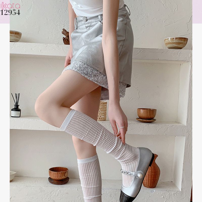 Tất bắp chân JK,vớ sọc dọc vải bông mỏng xuân hè phong cách ballet 12954