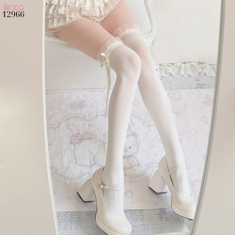 Tất qua đầu gối viền ren,vớ nơ lụa JK 12966