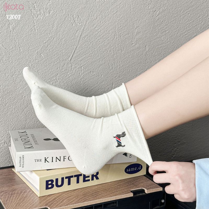 Tất cuộn mép thêu hình,vớ bông mềm mịn thấm hút mồ hôi 13007