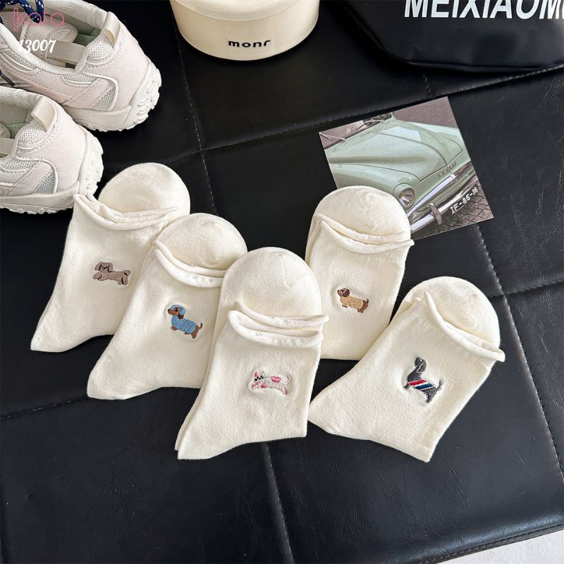 Tất cuộn mép thêu hình,vớ bông mềm mịn thấm hút mồ hôi 13007