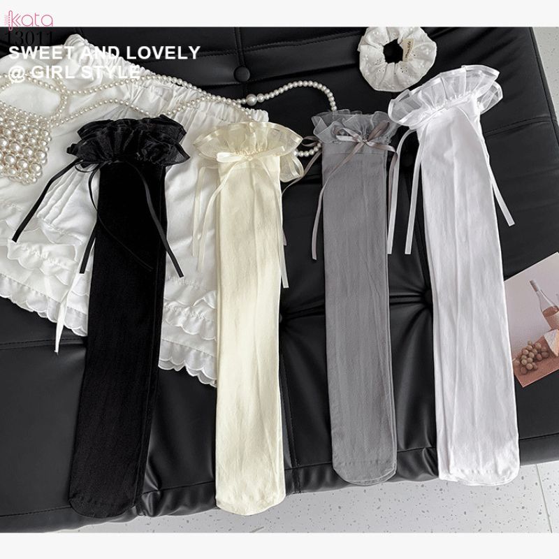 Tất trên đầu gối lolita ruy băng,vớ nhung co giãn chất lượng tốt phong cách JK 13011