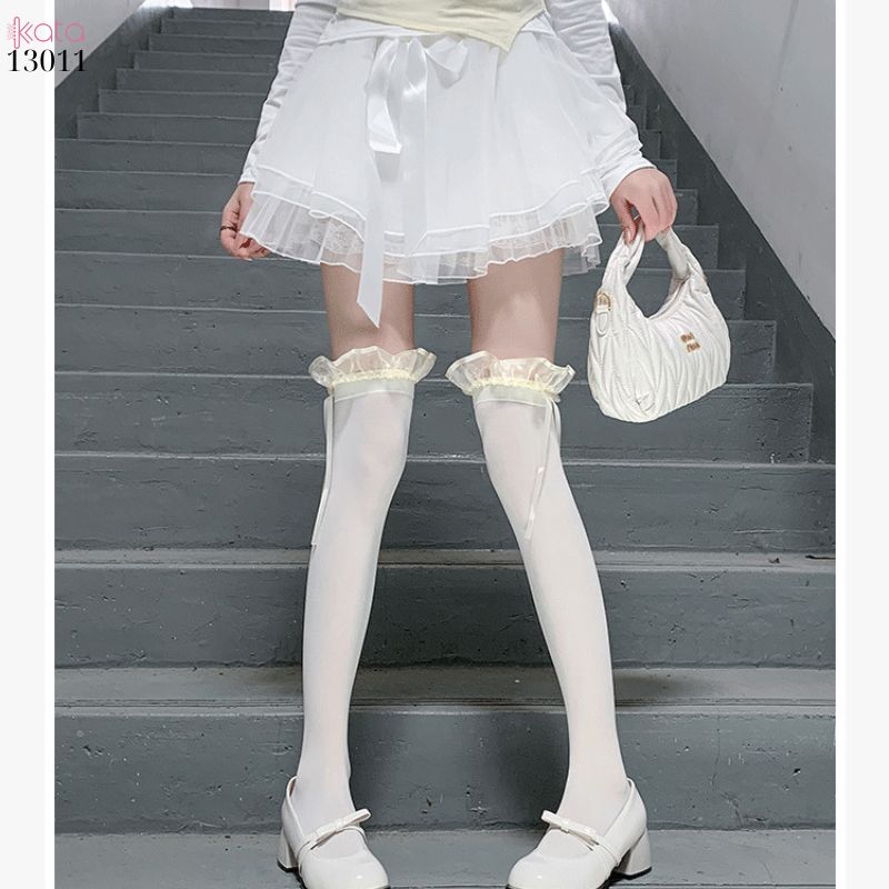 Tất trên đầu gối lolita ruy băng,vớ nhung co giãn chất lượng tốt phong cách JK 13011
