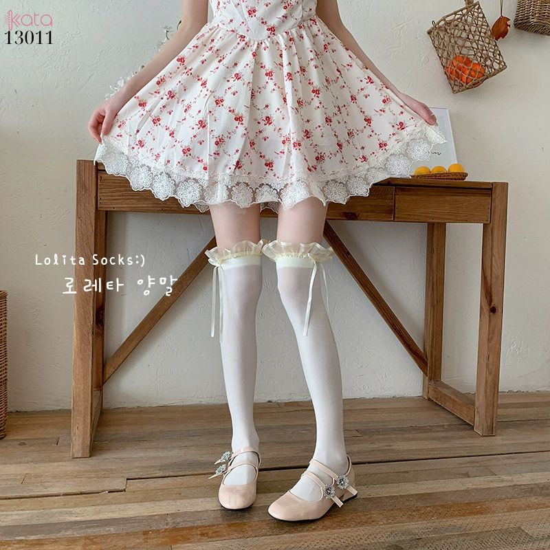 Tất trên đầu gối lolita ruy băng,vớ nhung co giãn chất lượng tốt phong cách JK 13011