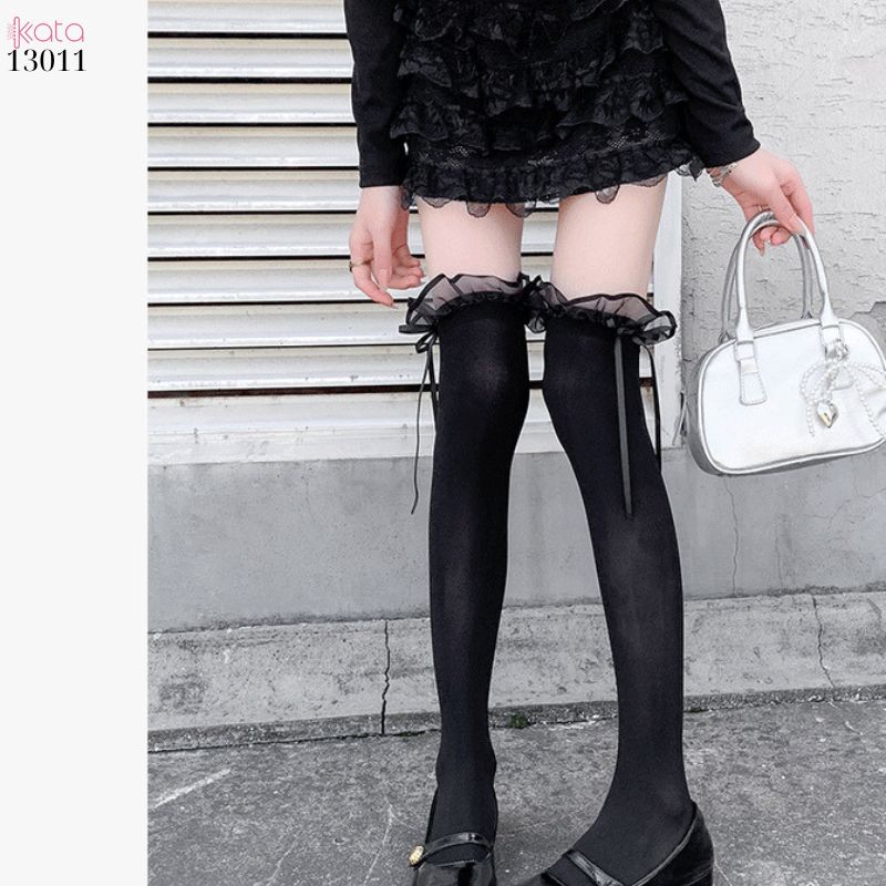Tất trên đầu gối lolita ruy băng,vớ nhung co giãn chất lượng tốt phong cách JK 13011