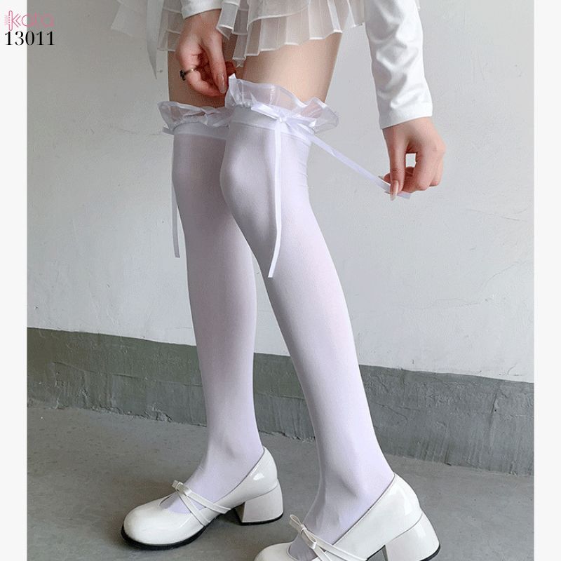 Tất trên đầu gối lolita ruy băng,vớ nhung co giãn chất lượng tốt phong cách JK 13011