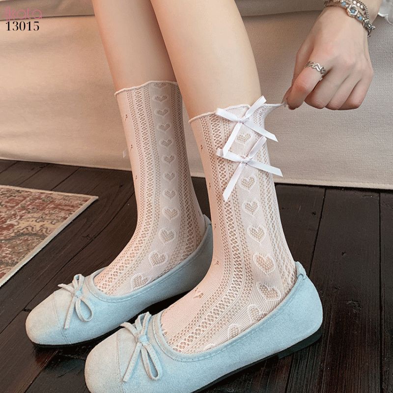 Tất ren nơ trái tim lolita,vớ mỏng xuân hè phong cách JK 13015
