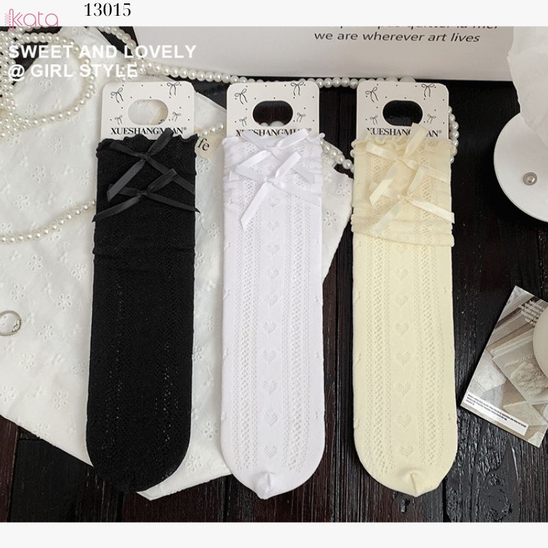 Tất ren nơ trái tim lolita,vớ mỏng xuân hè phong cách JK 13015