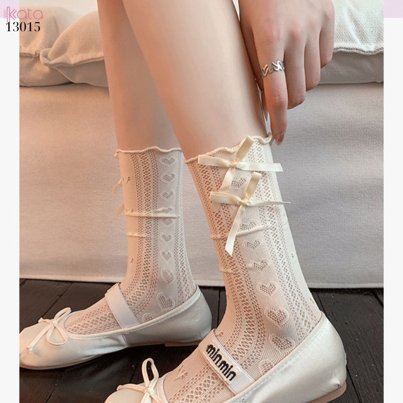 Tất ren nơ trái tim lolita,vớ mỏng xuân hè phong cách JK 13015