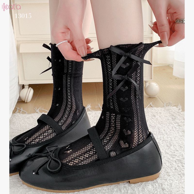 Tất ren nơ trái tim lolita,vớ mỏng xuân hè phong cách JK 13015