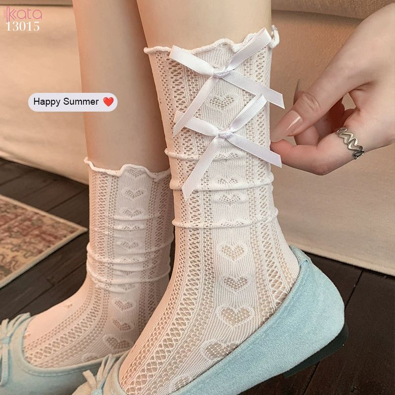 Tất ren nơ trái tim lolita,vớ mỏng xuân hè phong cách JK 13015