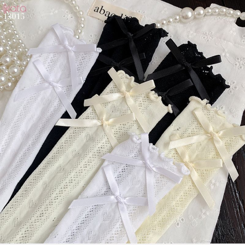 Tất ren nơ trái tim lolita,vớ mỏng xuân hè phong cách JK 13015