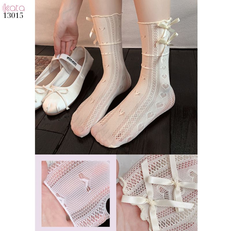 Tất ren nơ trái tim lolita,vớ mỏng xuân hè phong cách JK 13015