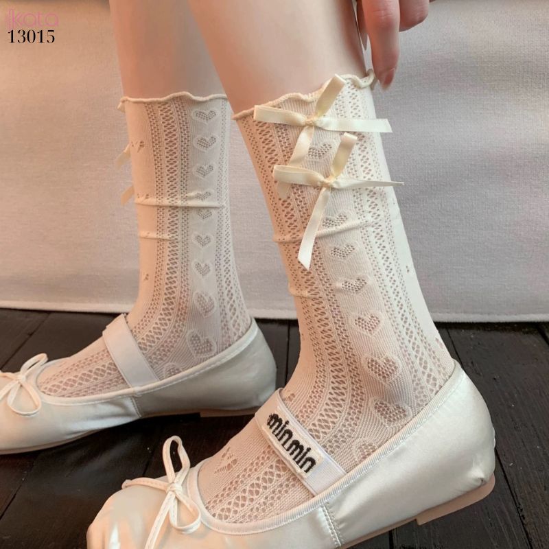 Tất ren nơ trái tim lolita,vớ mỏng xuân hè phong cách JK 13015