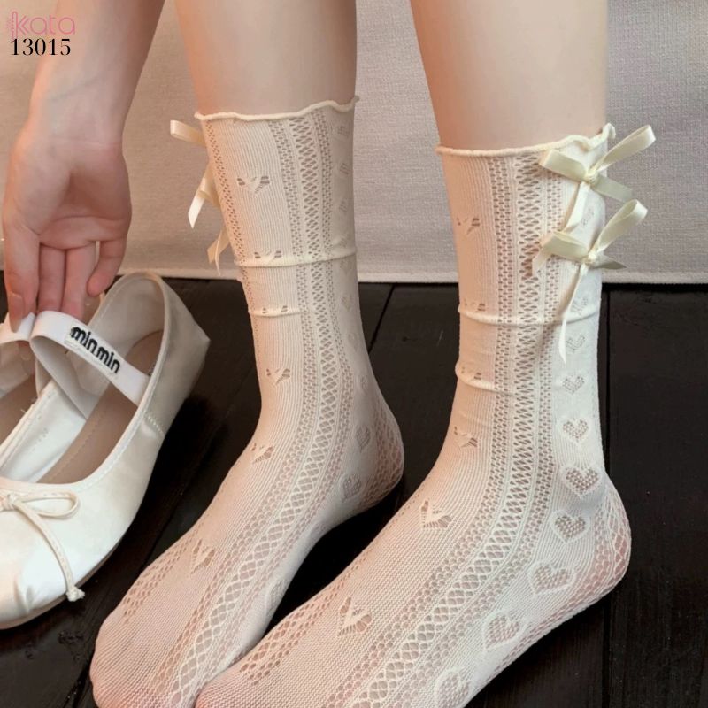 Tất ren nơ trái tim lolita,vớ mỏng xuân hè phong cách JK 13015
