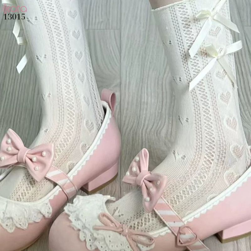 Tất ren nơ trái tim lolita,vớ mỏng xuân hè phong cách JK 13015