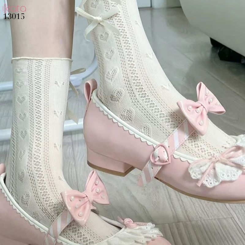 Tất ren nơ trái tim lolita,vớ mỏng xuân hè phong cách JK 13015