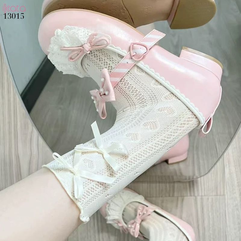 Tất ren nơ trái tim lolita,vớ mỏng xuân hè phong cách JK 13015