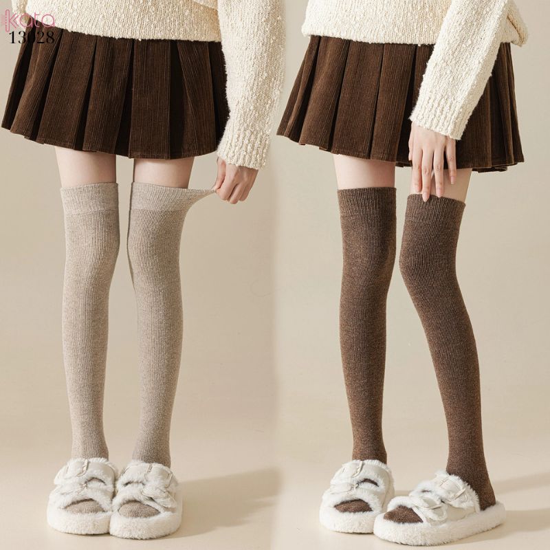 Tất len dày thu đông,vớ qua gối trơn lót Cashmere ấm áp nữ 13028
