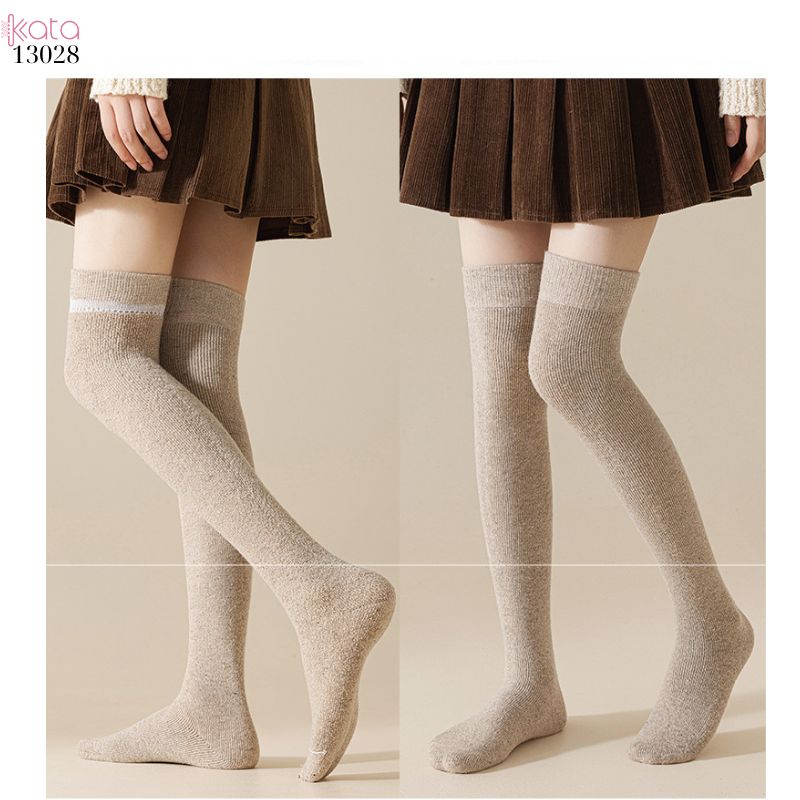 Tất len dày thu đông,vớ qua gối trơn lót Cashmere ấm áp nữ 13028