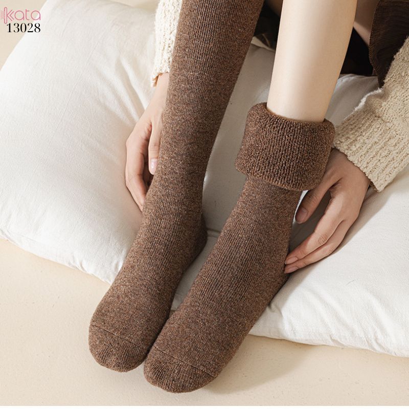 Tất len dày thu đông,vớ qua gối trơn lót Cashmere ấm áp nữ 13028