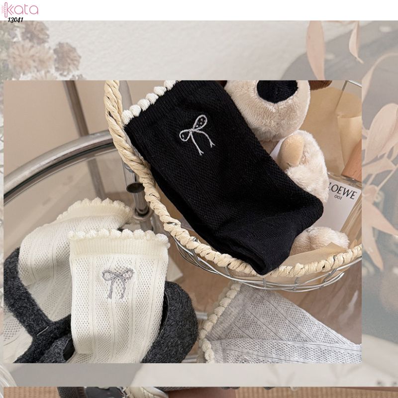 Tất nơ giữa bắp chân thoáng khí,vớ bông mềm mịn kháng khuẩn, chống ma sát không đường may 13041