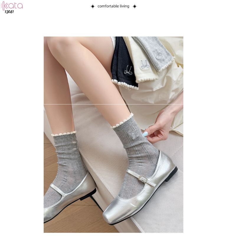 Tất nơ giữa bắp chân thoáng khí,vớ bông mềm mịn kháng khuẩn, chống ma sát không đường may 13041