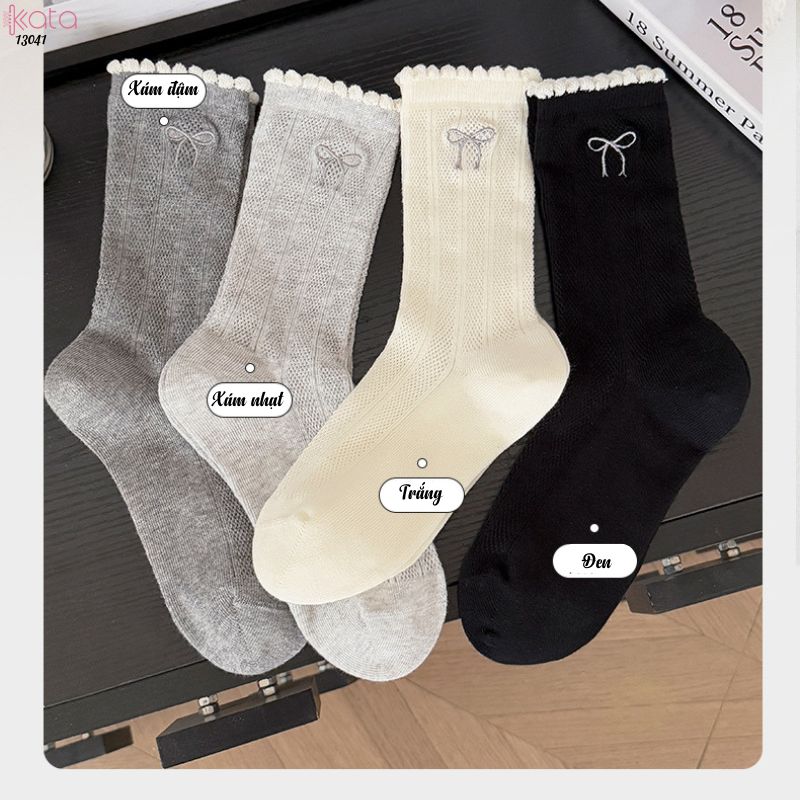 Tất nơ giữa bắp chân thoáng khí,vớ bông mềm mịn kháng khuẩn, chống ma sát không đường may 13041