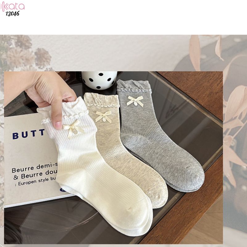Tất bông cotton lolita,vớ giữa bắp chân gắn nơ 13046