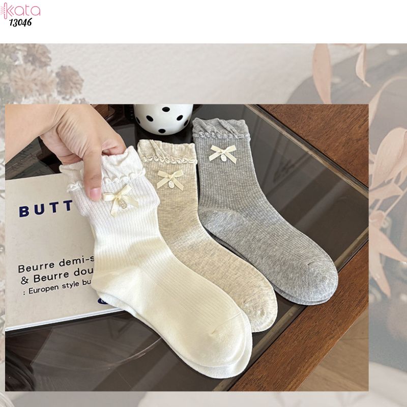 Tất bông cotton lolita,vớ giữa bắp chân gắn nơ 13046