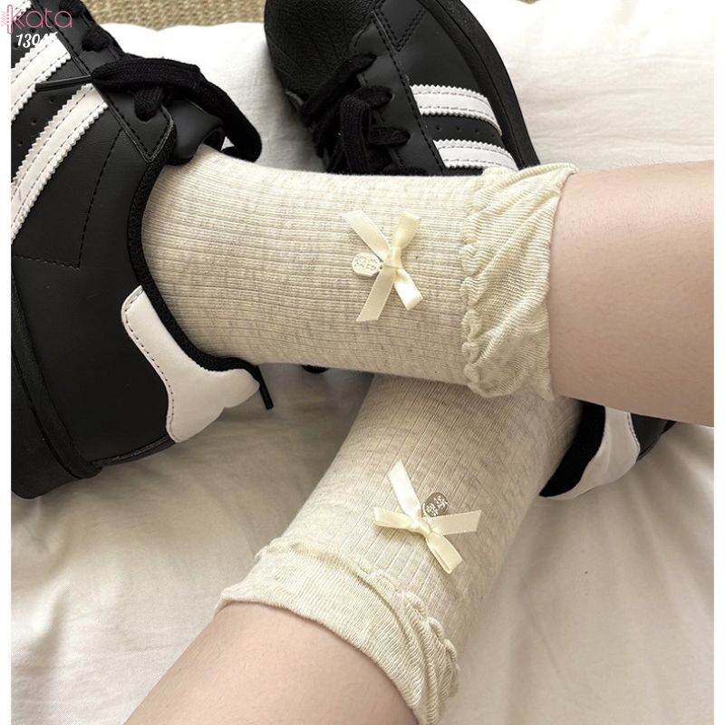 Tất bông cotton lolita,vớ giữa bắp chân gắn nơ 13046