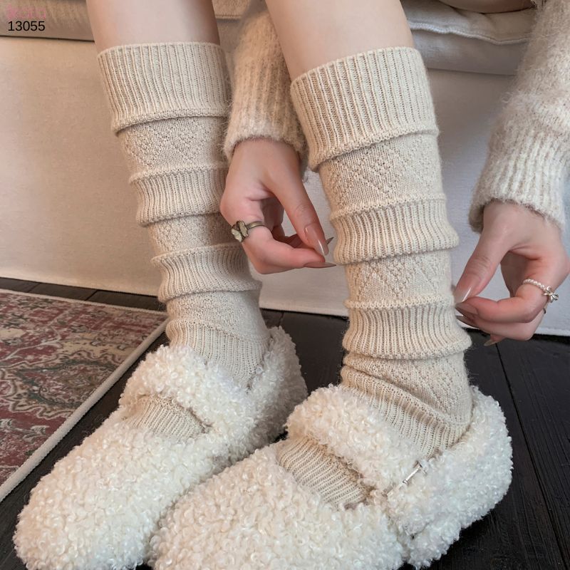 Tất len giữ ấm thu đông,phụ kiện đi bốt mùa đông họa tiết đan rỗng dệt kim 13055