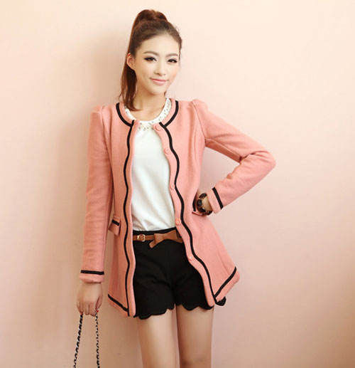 Áo khoác dạ viền lượn sóng Hàn Quốc màu hồng