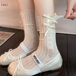 Tất ren nơ trái tim lolita,vớ mỏng xuân hè phong cách JK 13015