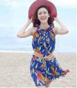 Váy đầm voan họa tiết lông vũ màu xanh