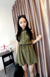 Váy đầm dây rút eo màu xanh rêu