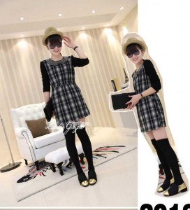 Váy đầm caro tay len màu trắng